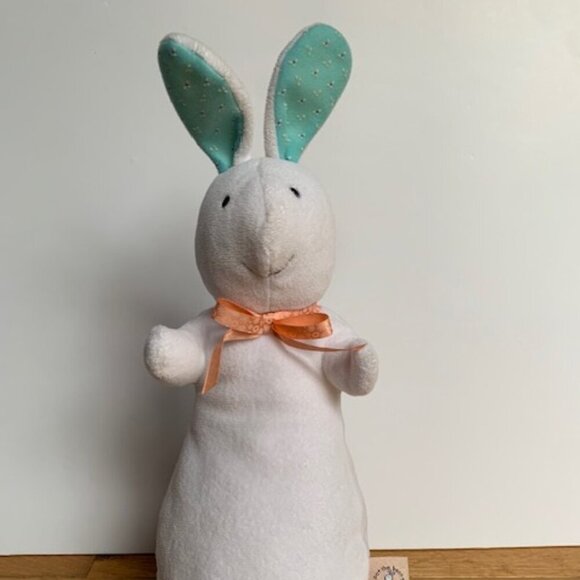 Petits Bunnies Other - Petits Bunnies Plush White Rabbit with Mint Ears & Peach Ribbon | 16” Soft Toy